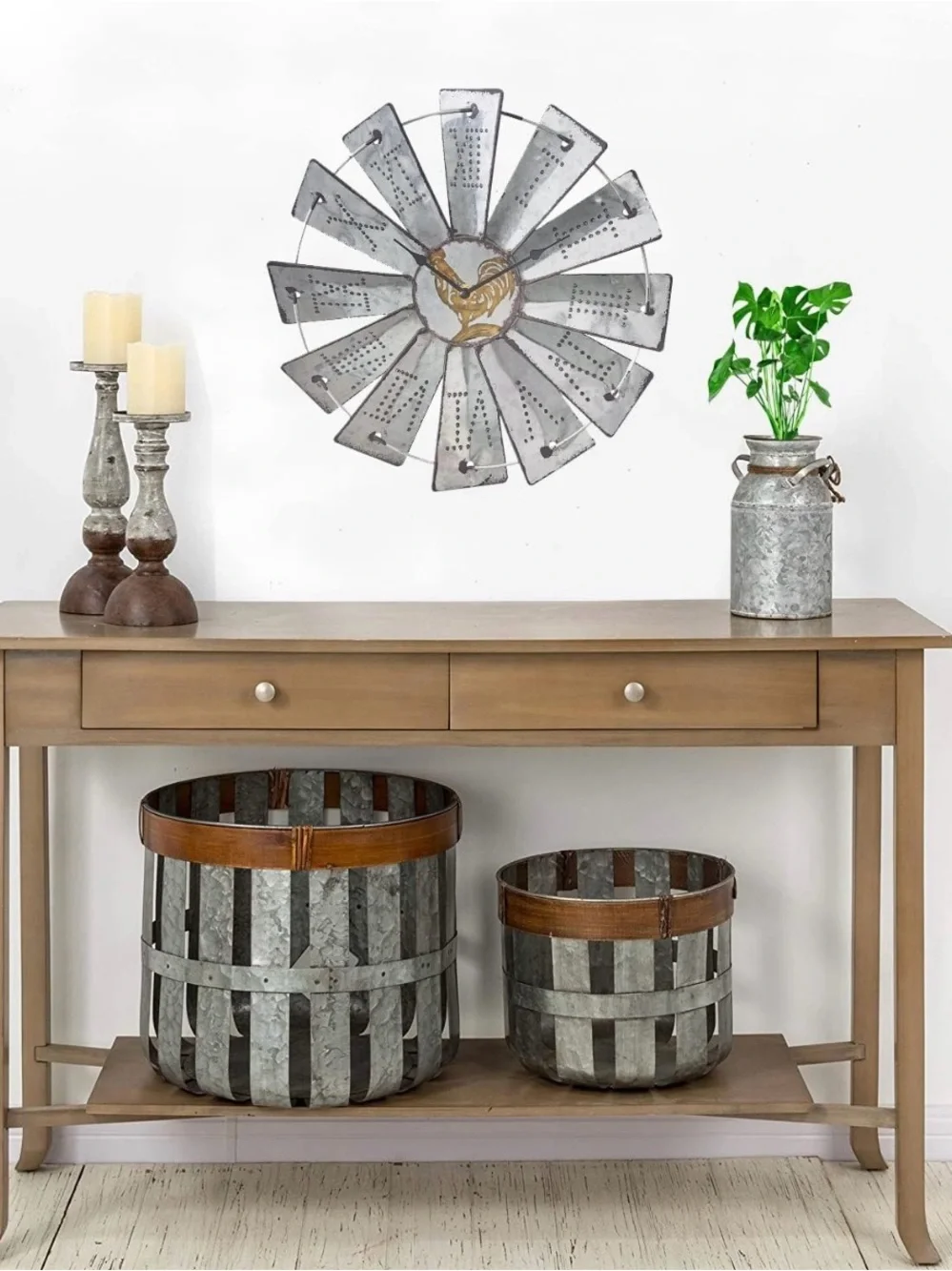 14.25 inch rustic galvanized metal windmill wall clock Roman numerals rooster